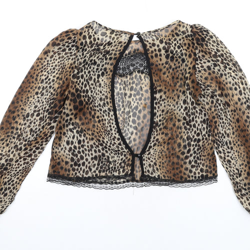 River Island Womens Brown Animal Print Polyester Basic Blouse Size 6 Round Neck - Leopard Print Lace Trim Open Back