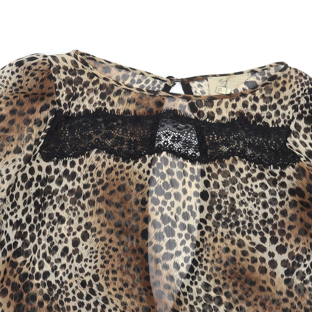 River Island Womens Brown Animal Print Polyester Basic Blouse Size 6 Round Neck - Leopard Print Lace Trim Open Back