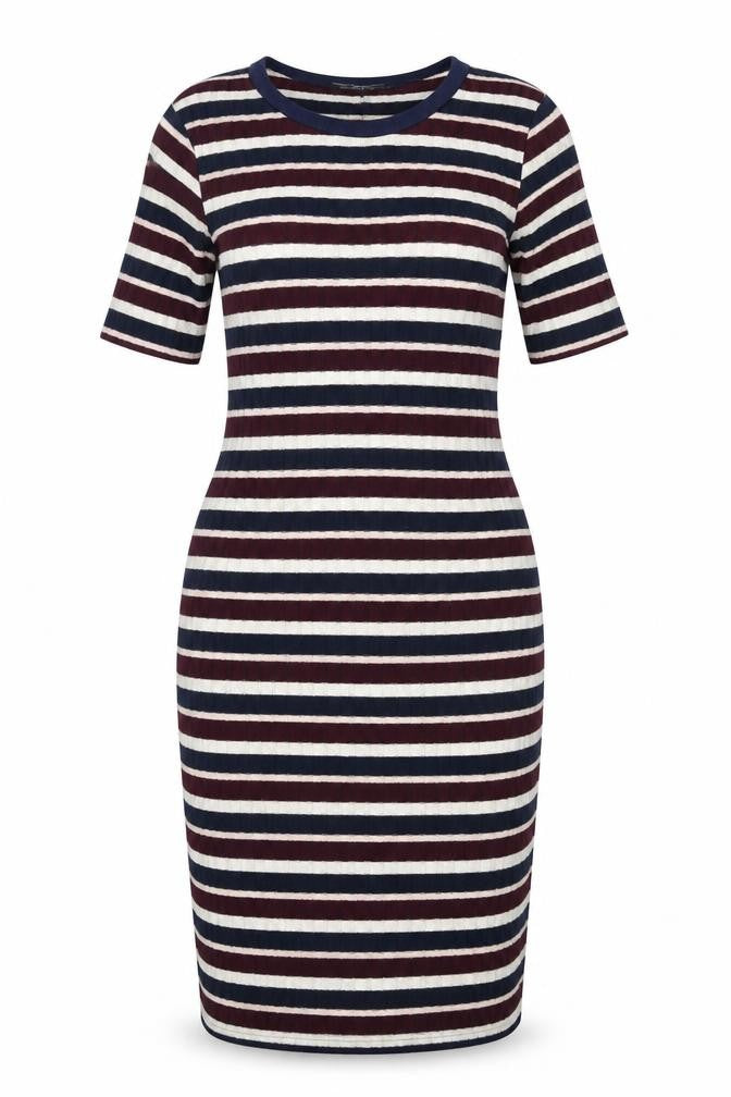 Front view of Dorothy Perkins women’s multicoloured striped polyester bodycon, size UK 10, round neck pullover