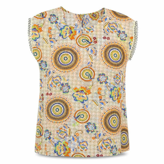 Front view of Millenium women’s multicoloured geometric polyester a-line, size S, round neck button