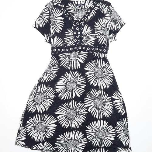 Maine Womens Black Floral Viscose A-Line Size 16 V-Neck Pullover