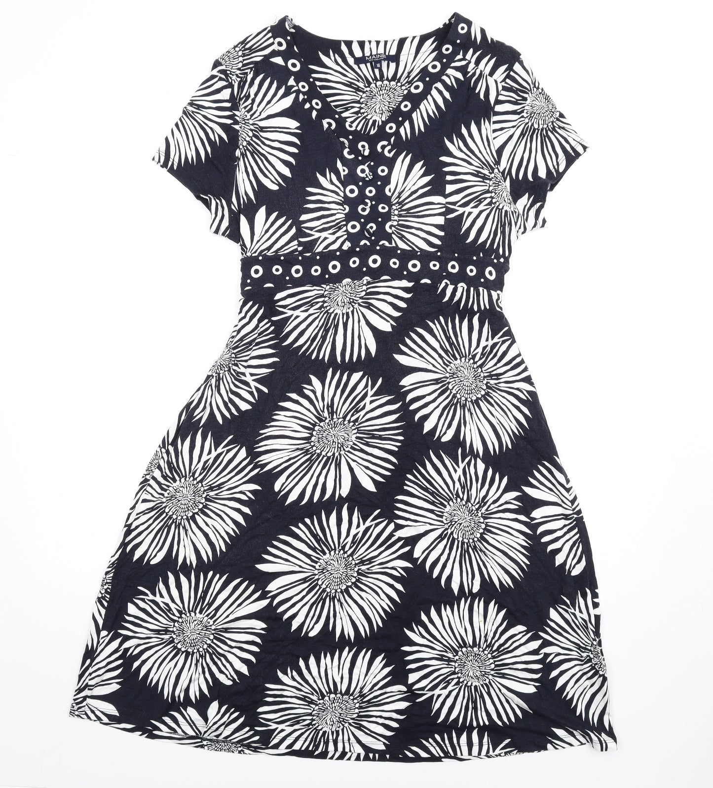 Maine Womens Black Floral Viscose A-Line Size 16 V-Neck Pullover