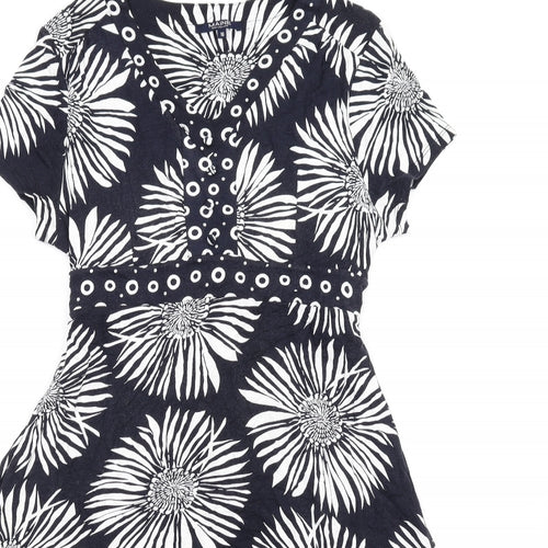 Maine Womens Black Floral Viscose A-Line Size 16 V-Neck Pullover