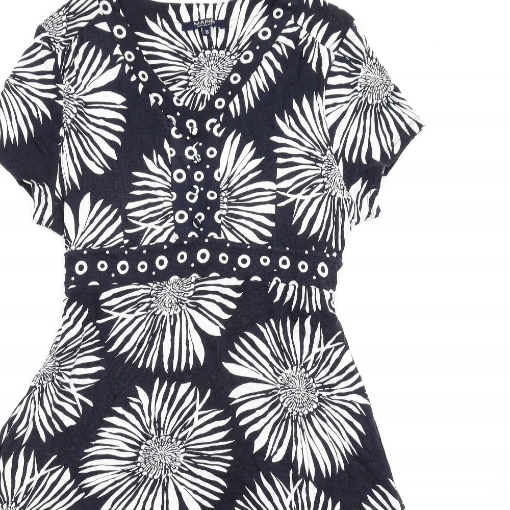 Maine Womens Black Floral Viscose A-Line Size 16 V-Neck Pullover