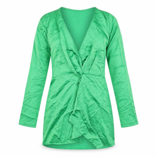 Front view of PRETTYLITTLETHING women’s green polyester mini, size UK 12, v-neck zip