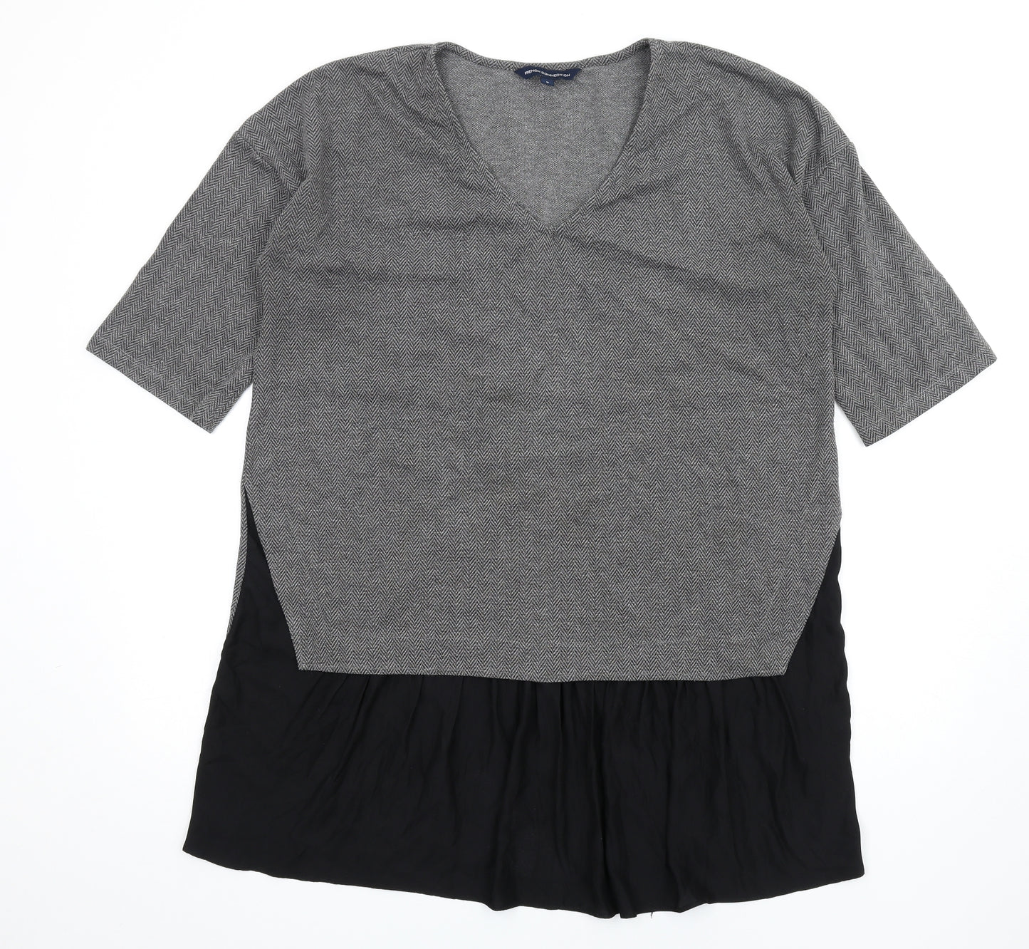 French Connection Womens Grey Herringbone Polyester T-Shirt Dress Size S V-Neck Pullover