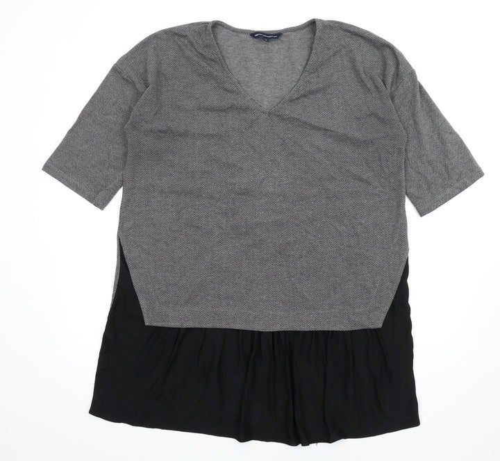 French Connection Womens Grey Herringbone Polyester T-Shirt Dress Size S V-Neck Pullover