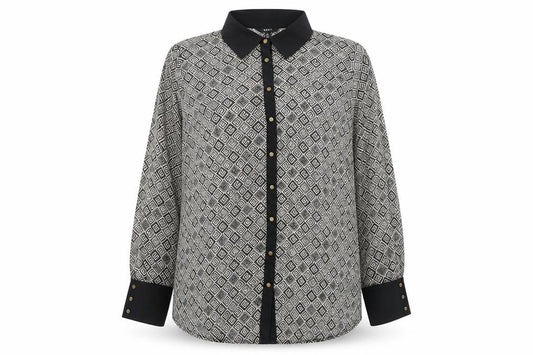 Front view of Next women’s beige geometric polyester basic button-up, size UK 20, collared