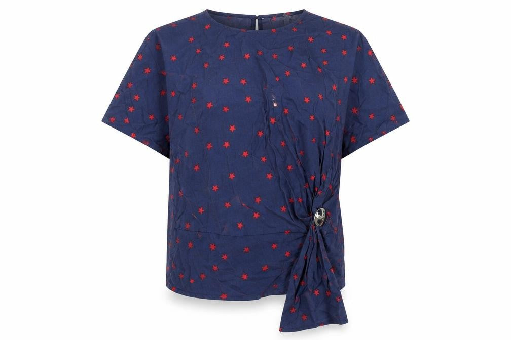 Front view of Sweewë women’s blue geometric viscose basic t-shirt, size S, round neck