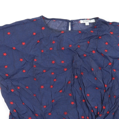 Sweewe Womens Blue Geometric Viscose Basic T-Shirt Size S Round Neck