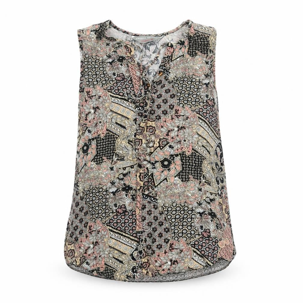 Front view of Dorothy Perkins women’s multicoloured geometric viscose basic tank, size UK 6, v-neck