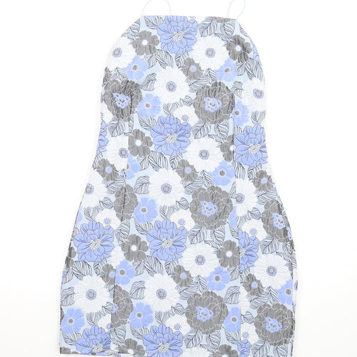 Missguided Womens Blue Floral Polyester Mini Size 10 Square Neck Zip