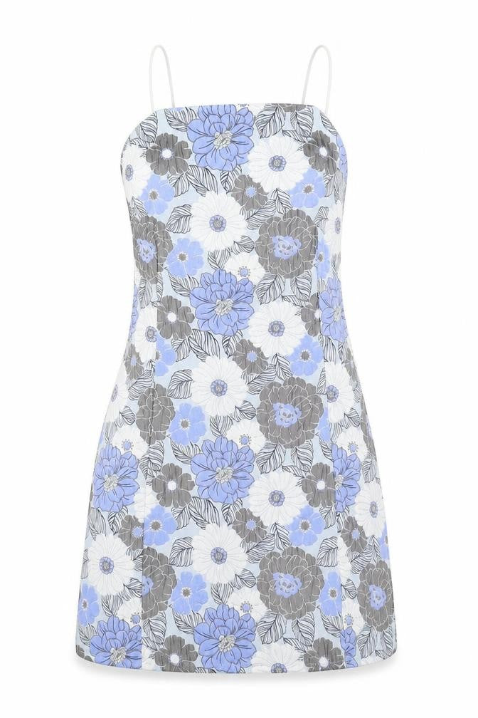 Front view of Missguided women’s blue floral polyester mini, size UK 10, square neck zip