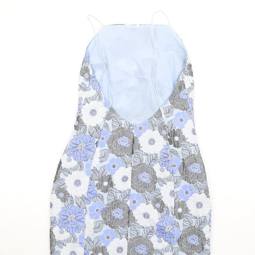 Missguided Womens Blue Floral Polyester Mini Size 10 Square Neck Zip