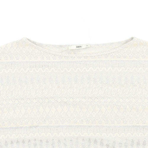 Oasis Womens Ivory Geometric Polyester Basic T-Shirt Size XS Round Neck