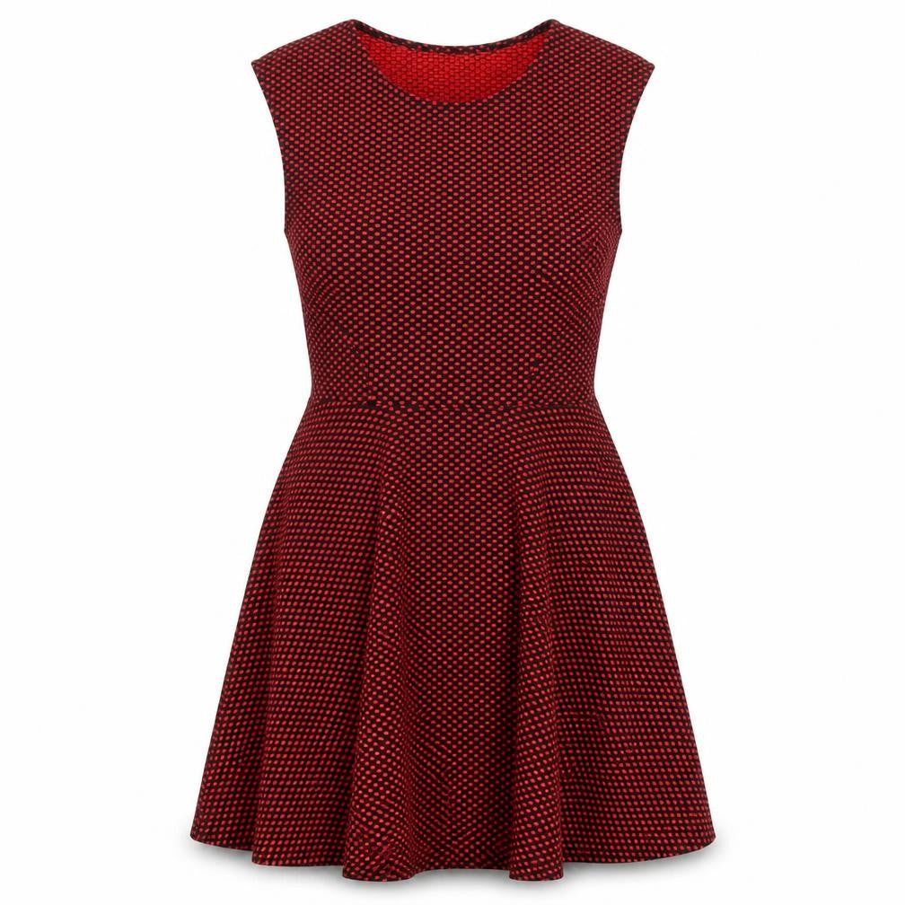 Front view of AX Paris women’s red polka dot polyester skater dress, size UK 8, round neck pullover