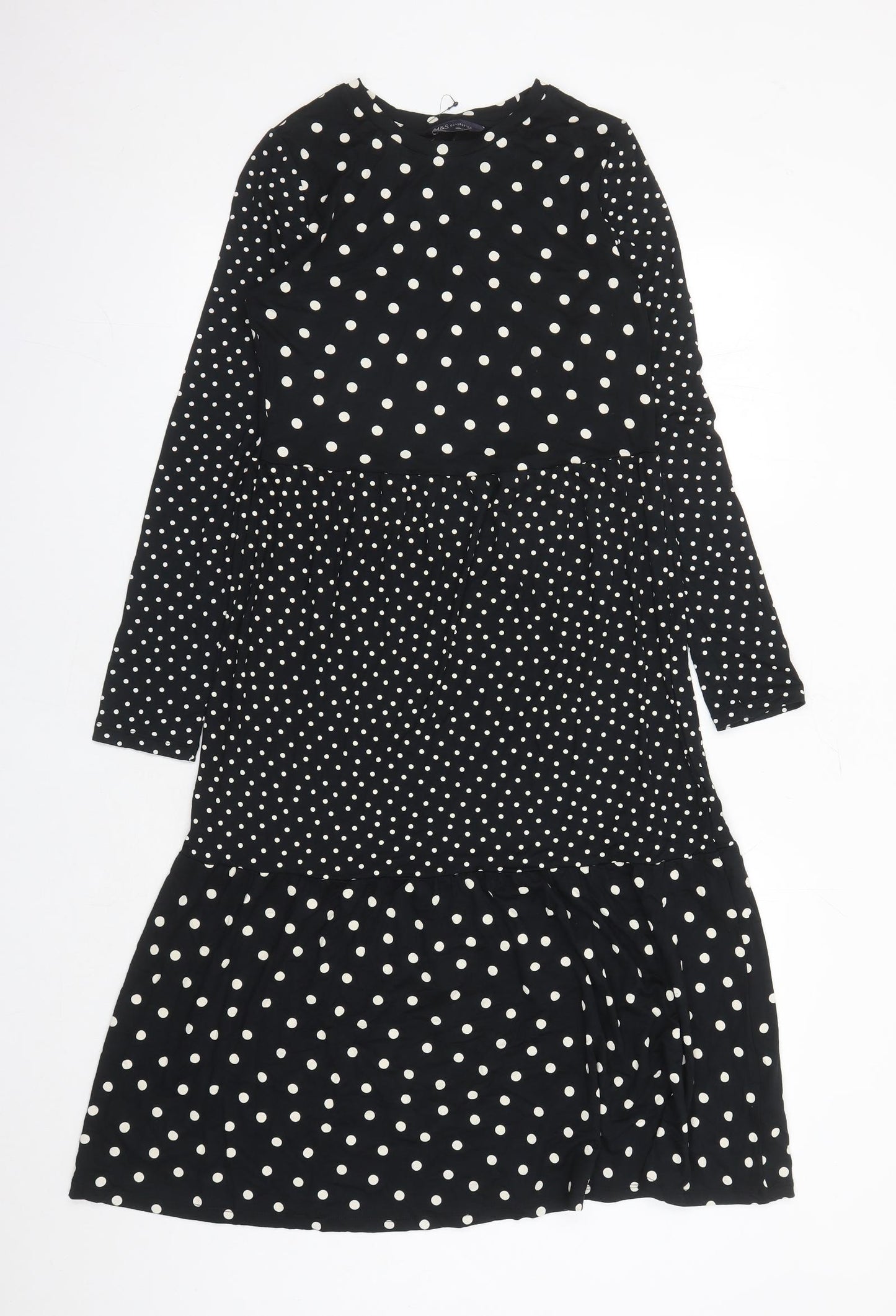 Marks and Spencer Womens Black Polka Dot Viscose A-Line Size 8 Round Neck Pullover