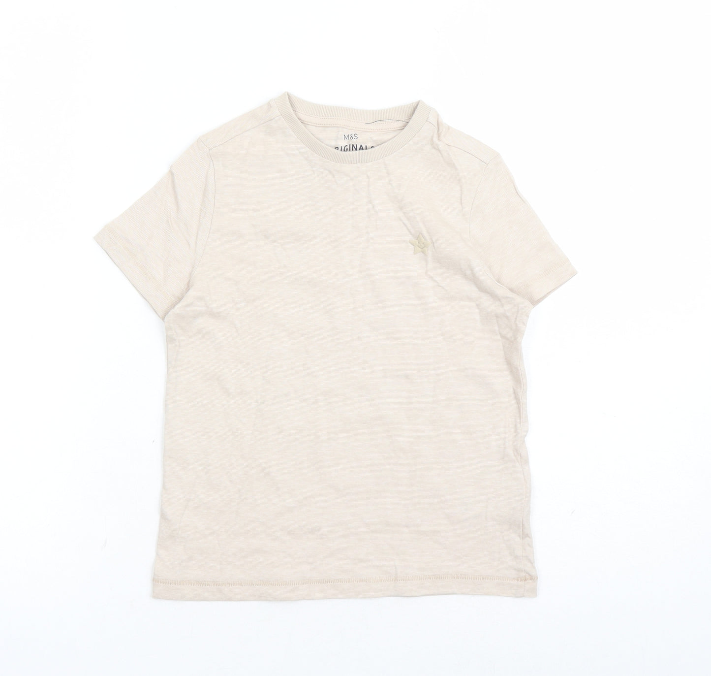 Marks and Spencer Boys Beige Cotton Basic T-Shirt Size 6-7 Years Crew Neck Pullover - Star Detail