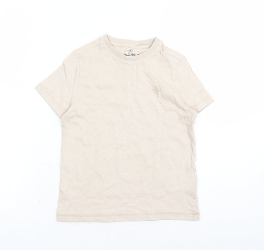 Marks and Spencer Boys Beige Cotton Basic T-Shirt Size 6-7 Years Crew Neck Pullover - Star Detail