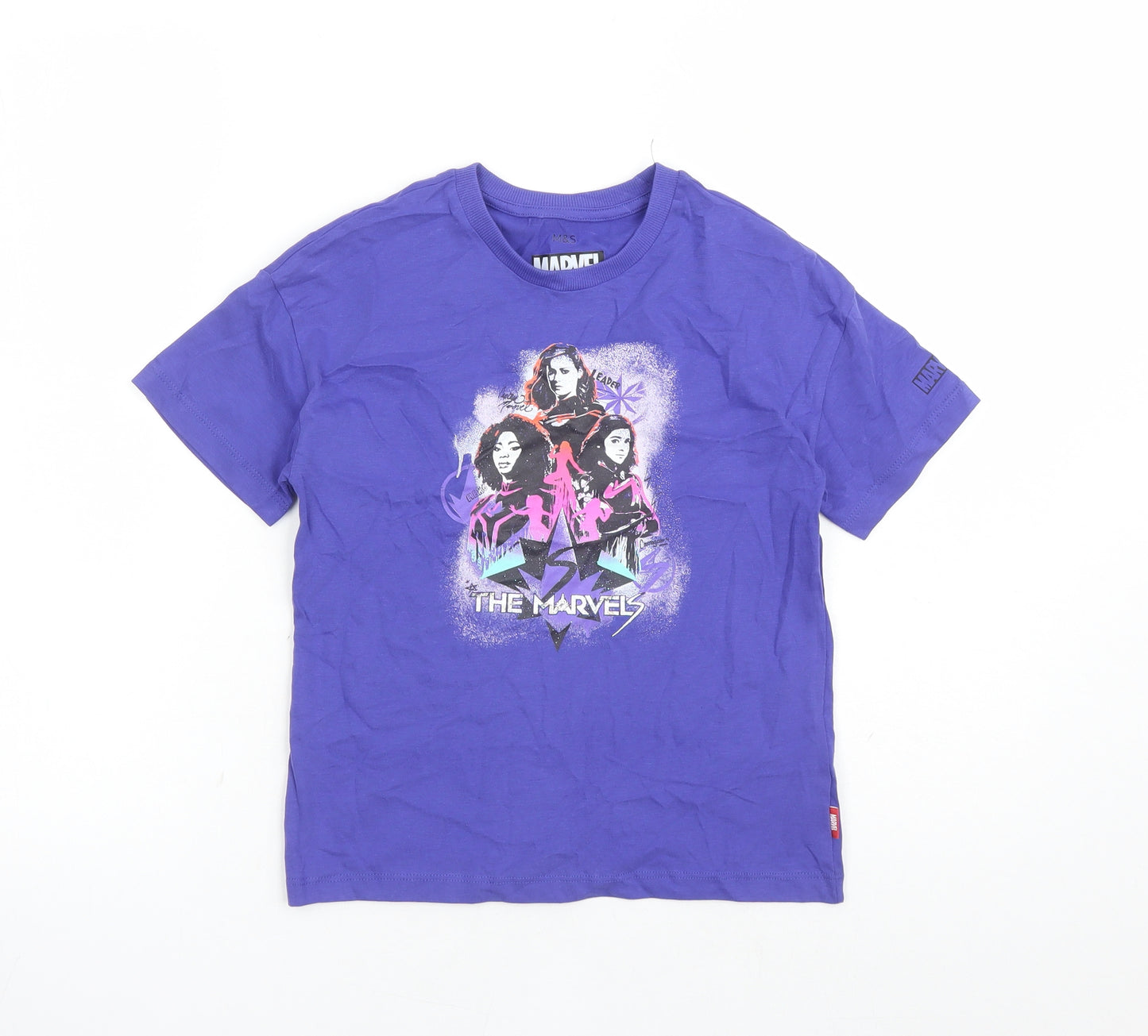 Marks and Spencer Girls Purple Cotton Basic T-Shirt Size 7-8 Years Crew Neck Pullover - Marvel