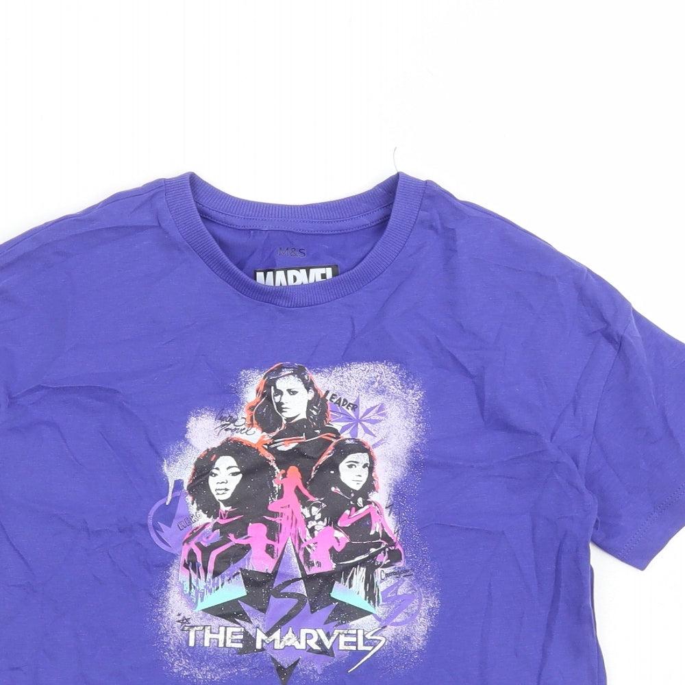 Marks and Spencer Girls Purple Cotton Basic T-Shirt Size 7-8 Years Crew Neck Pullover - Marvel