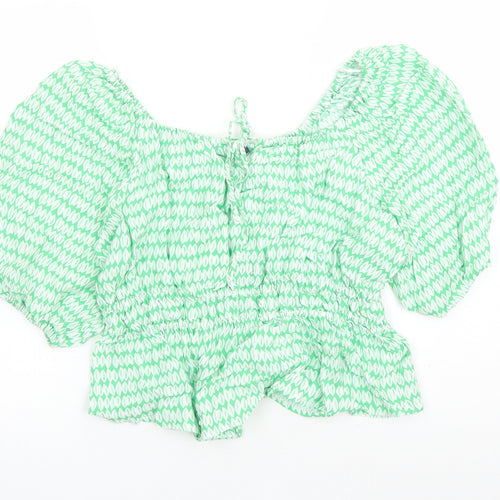 Marks and Spencer Womens Green Geometric Viscose Basic Blouse Size 14 Round Neck - Keyhole Neckline