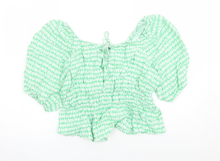 Marks and Spencer Womens Green Geometric Viscose Basic Blouse Size 14 Round Neck - Keyhole Neckline