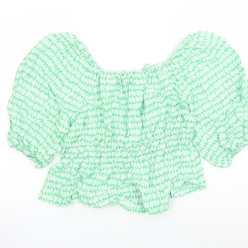 Marks and Spencer Womens Green Geometric Viscose Basic Blouse Size 14 Round Neck - Keyhole Neckline