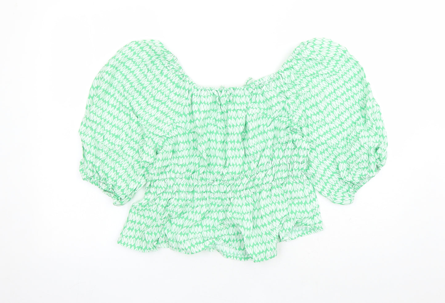 Marks and Spencer Womens Green Geometric Viscose Basic Blouse Size 14 Round Neck - Keyhole Neckline