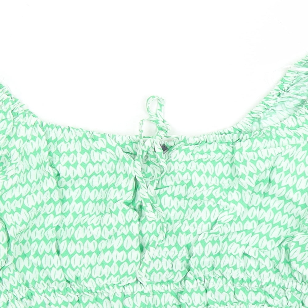 Marks and Spencer Womens Green Geometric Viscose Basic Blouse Size 14 Round Neck - Keyhole Neckline