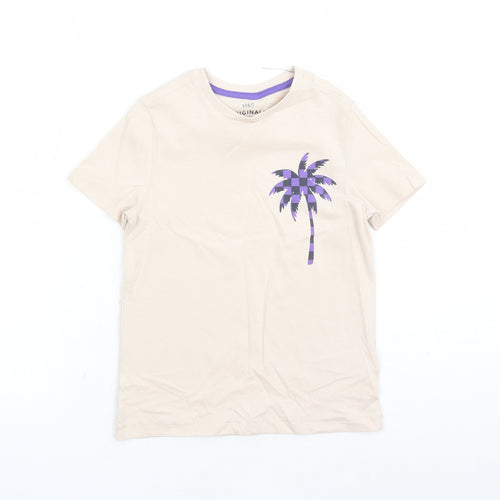 Marks and Spencer Boys Beige Cotton Basic T-Shirt Size 6-7 Years Crew Neck Pullover - Palm Tree