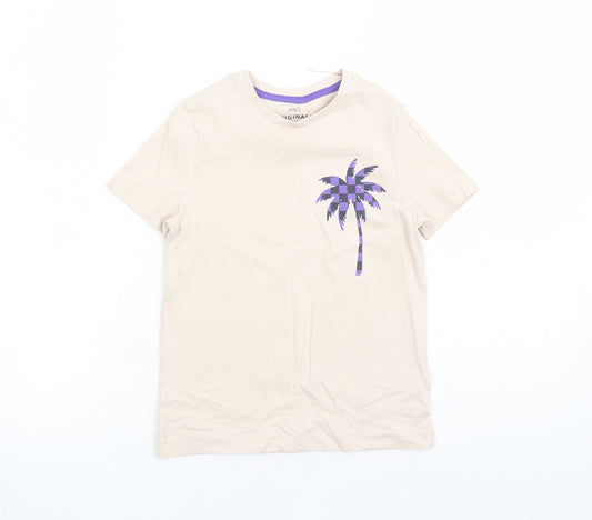 Marks and Spencer Boys Beige Cotton Basic T-Shirt Size 6-7 Years Crew Neck Pullover - Palm Tree