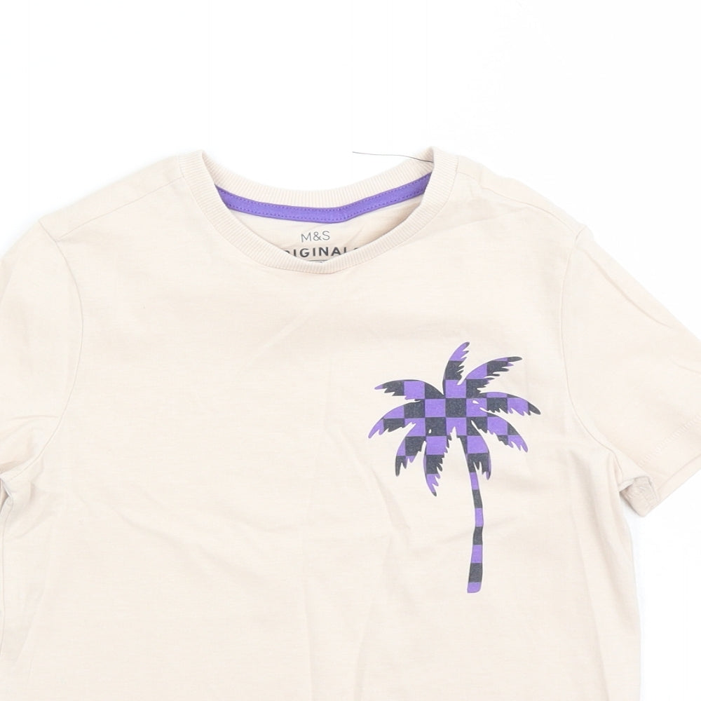 Marks and Spencer Boys Beige Cotton Basic T-Shirt Size 6-7 Years Crew Neck Pullover - Palm Tree