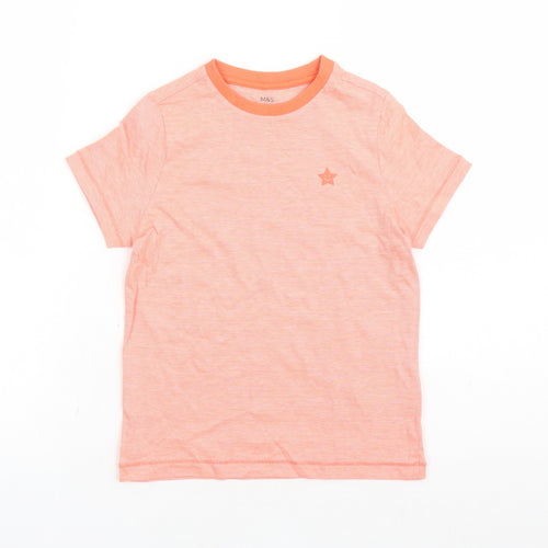 Marks and Spencer Boys Orange Cotton Basic T-Shirt Size 6-7 Years Crew Neck Pullover - Star Detail