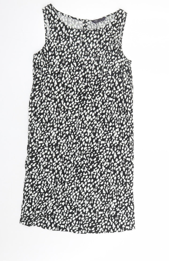 Marks and Spencer Womens Black Geometric Linen A-Line Size 8 Round Neck Button