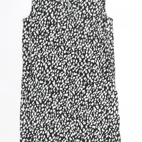 Marks and Spencer Womens Black Geometric Linen A-Line Size 8 Round Neck Button