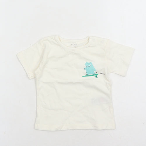 Marks and Spencer Boys Ivory 100% Cotton Basic T-Shirt Size 3-6 Months Round Neck Snap - Hippo Graphic
