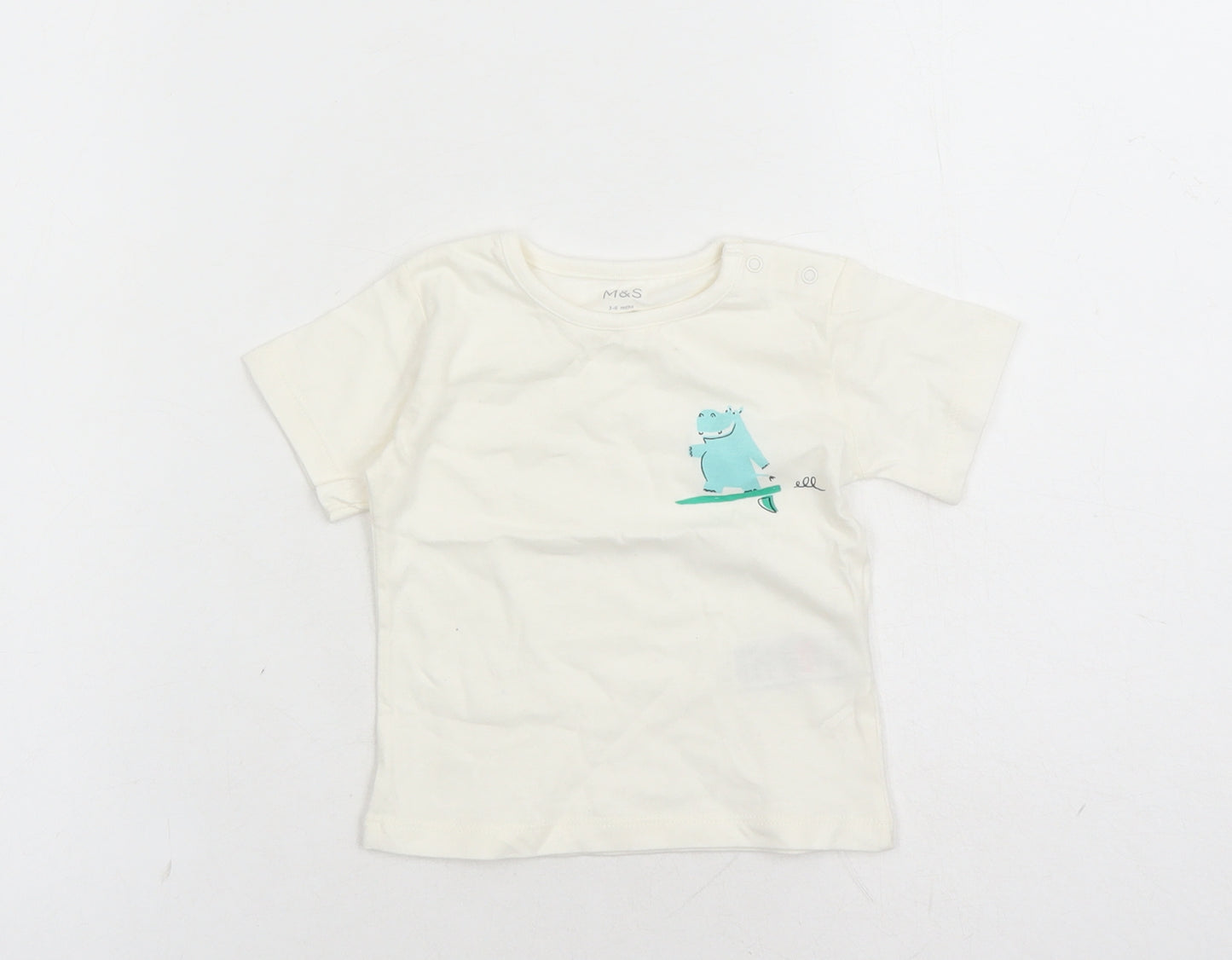 Marks and Spencer Boys Ivory 100% Cotton Basic T-Shirt Size 3-6 Months Round Neck Snap - Hippo Graphic