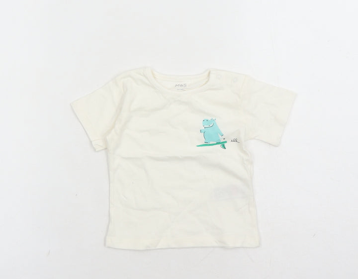 Marks and Spencer Boys Ivory 100% Cotton Basic T-Shirt Size 3-6 Months Round Neck Snap - Hippo Graphic