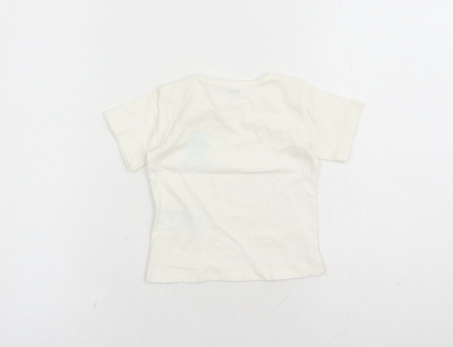 Marks and Spencer Boys Ivory 100% Cotton Basic T-Shirt Size 3-6 Months Round Neck Snap - Hippo Graphic