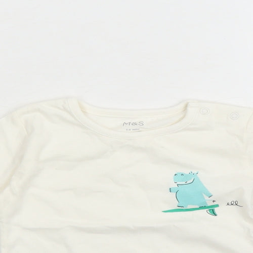 Marks and Spencer Boys Ivory 100% Cotton Basic T-Shirt Size 3-6 Months Round Neck Snap - Hippo Graphic