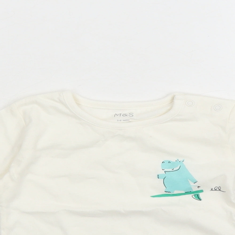 Marks and Spencer Boys Ivory 100% Cotton Basic T-Shirt Size 3-6 Months Round Neck Snap - Hippo Graphic