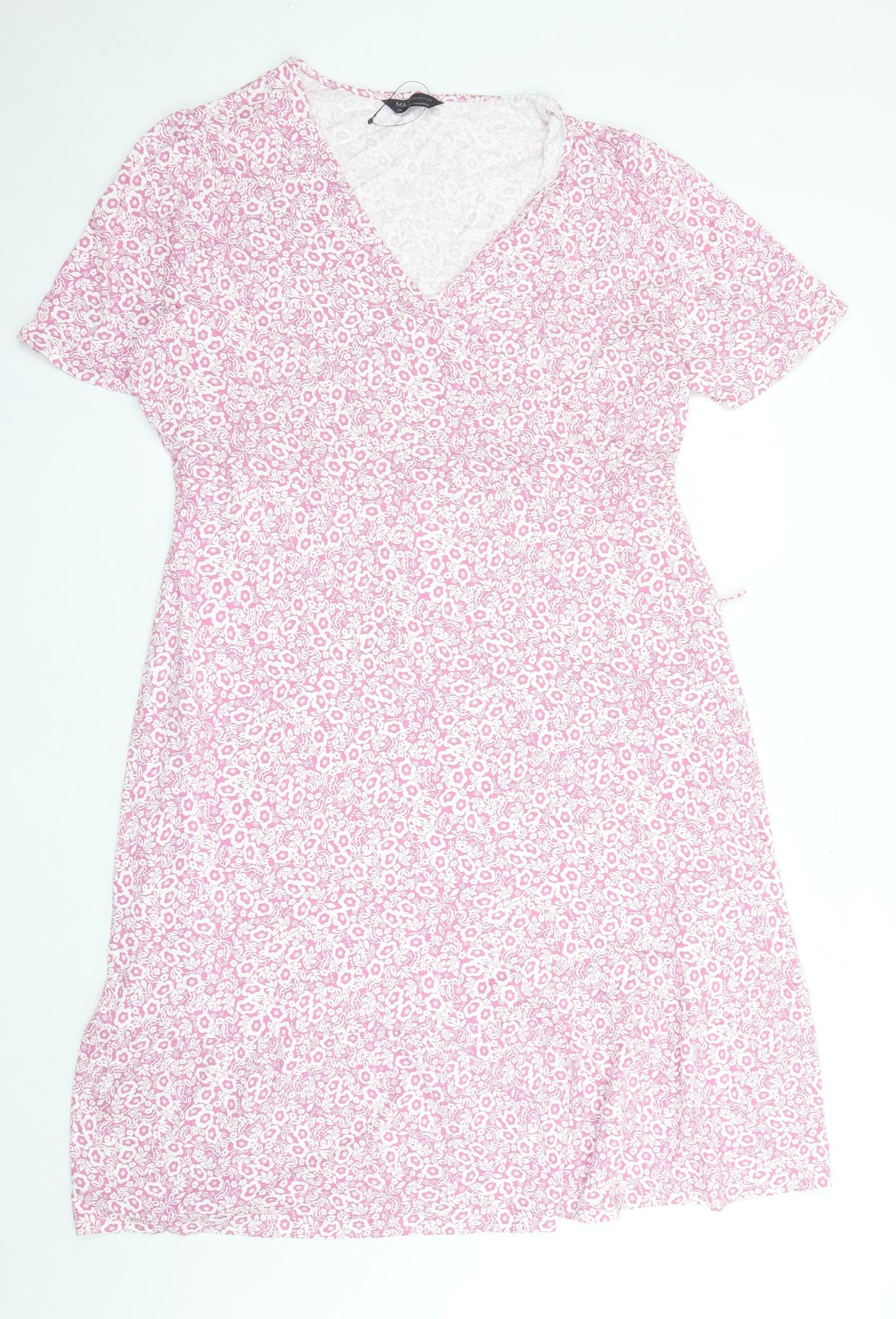 Marks and Spencer Womens Pink Floral Viscose A-Line Size 20 V-Neck Pullover - Belted