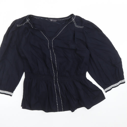 Marks and Spencer Womens Blue Cotton Basic Blouse Size 16 V-Neck - Embroidered Detail Elasticated Waist