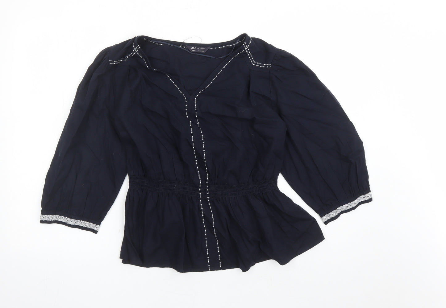 Marks and Spencer Womens Blue Cotton Basic Blouse Size 16 V-Neck - Embroidered Detail Elasticated Waist