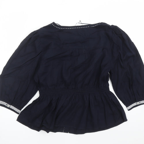 Marks and Spencer Womens Blue Cotton Basic Blouse Size 16 V-Neck - Embroidered Detail Elasticated Waist