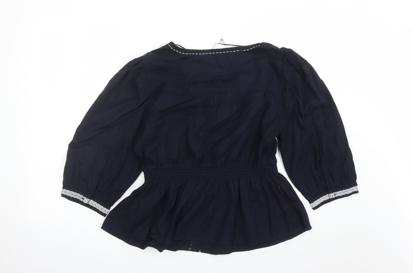Marks and Spencer Womens Blue Cotton Basic Blouse Size 16 V-Neck - Embroidered Detail Elasticated Waist