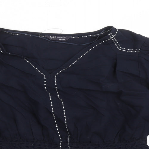 Marks and Spencer Womens Blue Cotton Basic Blouse Size 16 V-Neck - Embroidered Detail Elasticated Waist