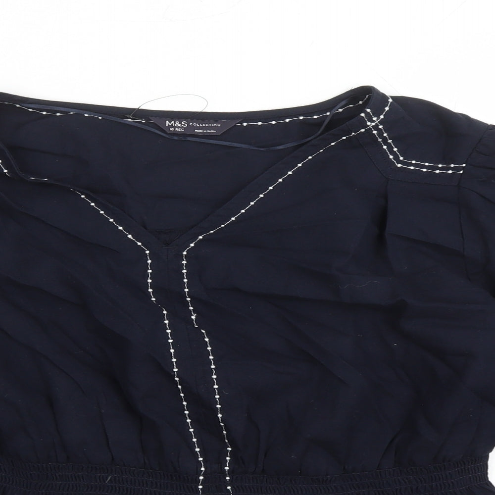 Marks and Spencer Womens Blue Cotton Basic Blouse Size 16 V-Neck - Embroidered Detail Elasticated Waist