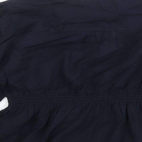 Marks and Spencer Womens Blue Cotton Basic Blouse Size 16 V-Neck - Embroidered Detail Elasticated Waist